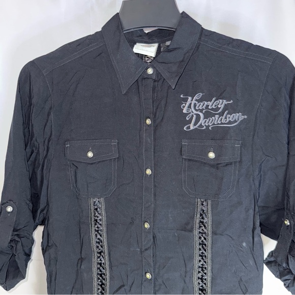 Harley Davidson Collar 3/4 Sleeve Graphic Blouse Size Medium - Picture 4 of 9